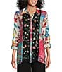 Color:Floral Multiple - Image 1 - Embroidered Multi-Print Point Collar Button Front Long Roll Tab Sleeves Top