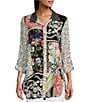 Color:Multi - Image 1 - Embroidered Multiple Print Point Collar 3/4 Roll-Tab Sleeve Button-Front Tunic