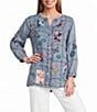 John Mark Embroidered Patchwork Split V-Neck 3/4 Sleeve Button-Front Blouse - Image 1