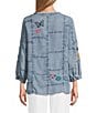 John Mark Embroidered Patchwork Split V-Neck 3/4 Sleeve Button-Front Blouse - Image 2