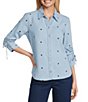 John Mark Embroidered Point Collar 3/4 Cinched Tie Sleeve Button Front Blouse - Image 1