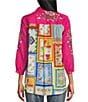Color:Fuchsia - Image 2 - Embroidered Point Collar 3/4 Sleeve Button Front Tunic