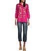 Color:Fuchsia - Image 3 - Embroidered Point Collar 3/4 Sleeve Button Front Tunic