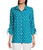 John Mark Embroidered Polka Dot Cinch Tie Sleeve Button Front Tunic, Color:Peacock - Image 1