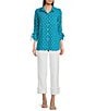 John Mark Embroidered Polka Dot Cinch Tie Sleeve Button Front Tunic, Color:Peacock - Image 5