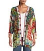 Color:Multi - Image 1 - Embroidered Printed 3/4 Sleeve Tassel Ties Detail High-Low Hem Open-Front Kimono