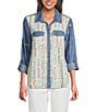 John Mark Embroidered Printed Point Collar Long Roll-Tab Sleeve Button-Front Top, Color:Multi - Image 1