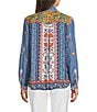 John Mark Embroidered Printed Point Collar Long Roll-Tab Sleeve Button-Front Top, Color:Multi - Image 2