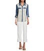 John Mark Embroidered Printed Point Collar Long Roll-Tab Sleeve Button-Front Top, Color:Multi - Image 3