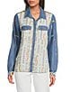 John Mark Embroidered Printed Point Collar Long Roll-Tab Sleeve Button-Front Top, Color:Multi - Image 4