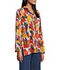 John Mark Embroidered Printed Wire Collar 3/4 Roll-Tab Sleeve Hi-Low Hem Button Front Tunic, Color:Spice Print - Image 7