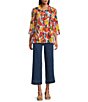 John Mark Embroidered Printed Wire Collar 3/4 Roll-Tab Sleeve Hi-Low Hem Button Front Tunic, Color:Spice Print - Image 9