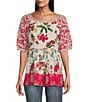 Color:Floral Multiple - Image 1 - Embroidered Round Neck Short Sleeve Ruffle Tunic