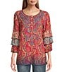 Color:Multiple - Image 1 - Embroidered Round Neckline 3/4 Ruffle Sleeve Tunic
