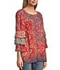 Color:Multiple - Image 4 - Embroidered Round Neckline 3/4 Ruffle Sleeve Tunic