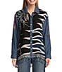 John Mark Embroidered Scarf Jacquard Point Collar Long Roll-Tab Sleeve Button Front Blouse, Color:Blue Multiple - Image 1