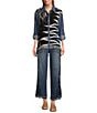John Mark Embroidered Scarf Jacquard Point Collar Long Roll-Tab Sleeve Button Front Blouse, Color:Blue Multiple - Image 3