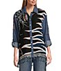 John Mark Embroidered Scarf Jacquard Point Collar Long Roll-Tab Sleeve Button Front Blouse, Color:Blue Multiple - Image 4