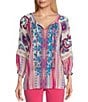 Color:Multiple - Image 1 - Embroidered Split Neck 3/4 Sleeve Tie Front Tunic