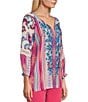 Color:Multiple - Image 4 - Embroidered Split Neck 3/4 Sleeve Tie Front Tunic