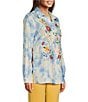 Color:Blue Print - Image 3 - Embroidered Tie Dye Point Collar Roll-Tab Sleeve Button Front Top