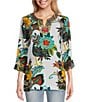 Color:White Multi - Image 1 - Embroidered Tropical Floral Print Round Split Neck 3/4 Sleeve Tunic