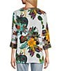 Color:White Multi - Image 2 - Embroidered Tropical Floral Print Round Split Neck 3/4 Sleeve Tunic