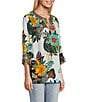 Color:White Multi - Image 3 - Embroidered Tropical Floral Print Round Split Neck 3/4 Sleeve Tunic