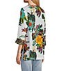 Color:White Multi - Image 4 - Embroidered Tropical Floral Print Round Split Neck 3/4 Sleeve Tunic