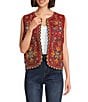 John Mark Embroidered Velvet Beaded Floral And Patchwork Plaid Open Front Vest, Color:Terracotta - Image 1