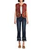 John Mark Embroidered Velvet Beaded Floral And Patchwork Plaid Open Front Vest, Color:Terracotta - Image 3