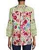 Color:Green Aqua - Image 2 - Embroidered Y-Neck 3/4 Sleeve Printed Back Tunic