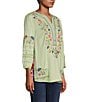 Color:Green Aqua - Image 3 - Embroidered Y-Neck 3/4 Sleeve Printed Back Tunic