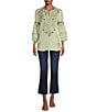 Color:Green Aqua - Image 5 - Embroidered Y-Neck 3/4 Sleeve Printed Back Tunic