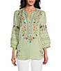 Color:Green Aqua - Image 1 - Embroidered Y-Neck 3/4 Sleeve Printed Back Tunic