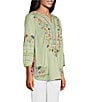 Color:Green Aqua - Image 3 - Embroidered Y-Neck 3/4 Sleeve Printed Back Tunic