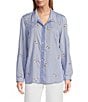 John Mark Embroidered Yarn-Dye Stripe Wire Collar Long Roll-Tab Sleeve Button Front Shirt, Color:Blue Stripe - Image 1