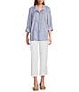 John Mark Embroidered Yarn-Dye Stripe Wire Collar Long Roll-Tab Sleeve Button Front Shirt, Color:Blue Stripe - Image 3