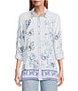 John Mark Floral Butterfly Border Print Point Collar Long Roll-Tab Sleeve Button Front Blouse, Color:Off White - Image 1