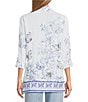 John Mark Floral Butterfly Border Print Point Collar Long Roll-Tab Sleeve Button Front Blouse, Color:Off White - Image 2