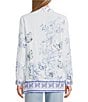 John Mark Floral Butterfly Border Print Point Collar Long Roll-Tab Sleeve Button Front Blouse, Color:Off White - Image 3