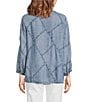 John Mark Floral Butterfly Embroidered Patch Print Y-Neck 3/4 Sleeves High-Low Hem Button Front Tunic, Color:Chambray - Image 2