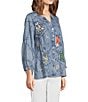 John Mark Floral Butterfly Embroidered Patch Print Y-Neck 3/4 Sleeves High-Low Hem Button Front Tunic, Color:Chambray - Image 3