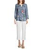 John Mark Floral Butterfly Embroidered Patch Print Y-Neck 3/4 Sleeves High-Low Hem Button Front Tunic, Color:Chambray - Image 5