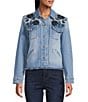 John Mark Floral Embroidered Notch Collar Long Sleeve Button Front Jacket, Color:Light Denim - Image 2