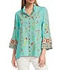 John Mark Floral Embroidered Round Neck 3/4 Ruffle Tiered Sleeve Button Front Blouse - Image 1