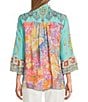 John Mark Floral Embroidered Round Neck 3/4 Ruffle Tiered Sleeve Button Front Blouse - Image 2