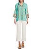 John Mark Floral Embroidered Round Neck 3/4 Ruffle Tiered Sleeve Button Front Blouse - Image 3