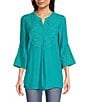 Color:Riteal - Image 1 - Floral Embroidered Split V- Neck 3/4 Flared Sleeve Pintuck Button Front Woven Tunic