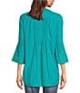 Color:Riteal - Image 2 - Floral Embroidered Split V- Neck 3/4 Flared Sleeve Pintuck Button Front Woven Tunic